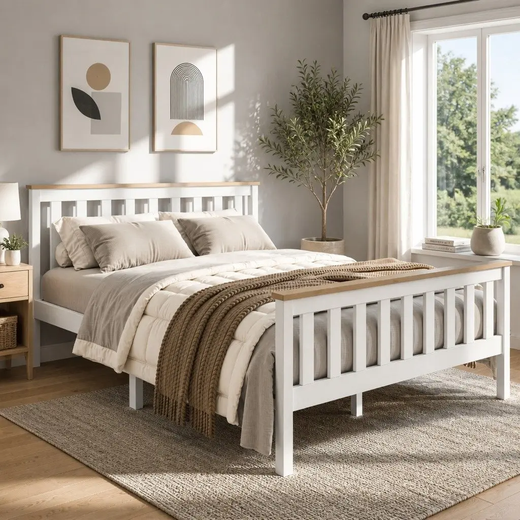 Double Bed Frame Wooden White Pony Slat Base Australian Mattress