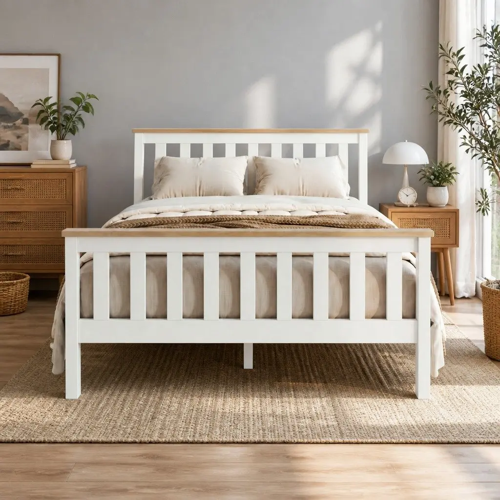 Double Bed Frame Wooden White Pony Slat Base Australian Mattress
