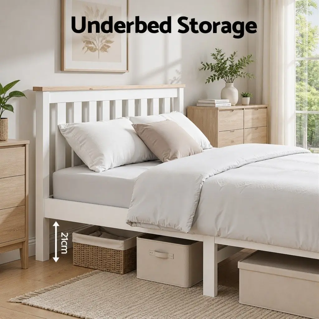 Double Bed Frame Wooden White Pony Slat Base Australian Mattress