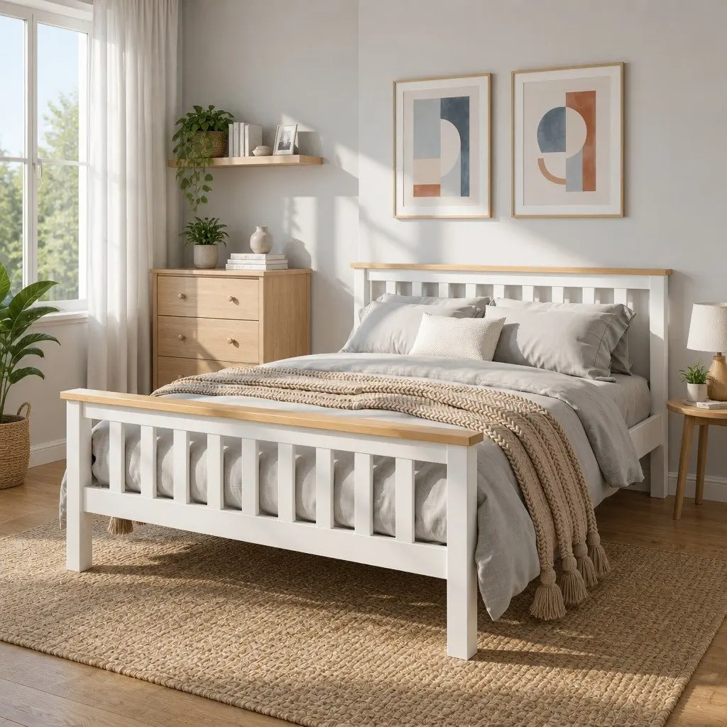 Double Bed Frame Wooden White Pony Slat Base Australian Mattress