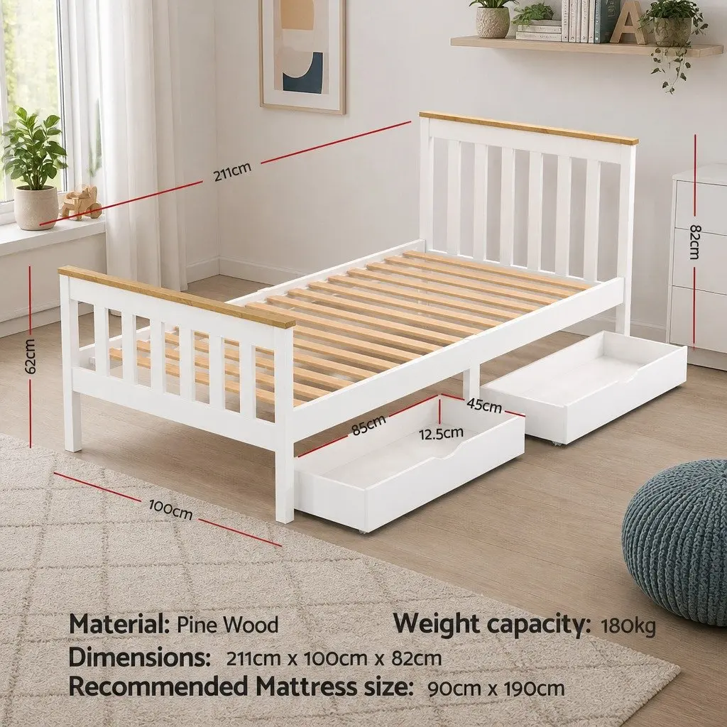 Single Bed Frame Wooden Platform with 2 Storage Drawers White Bedroom Furniture