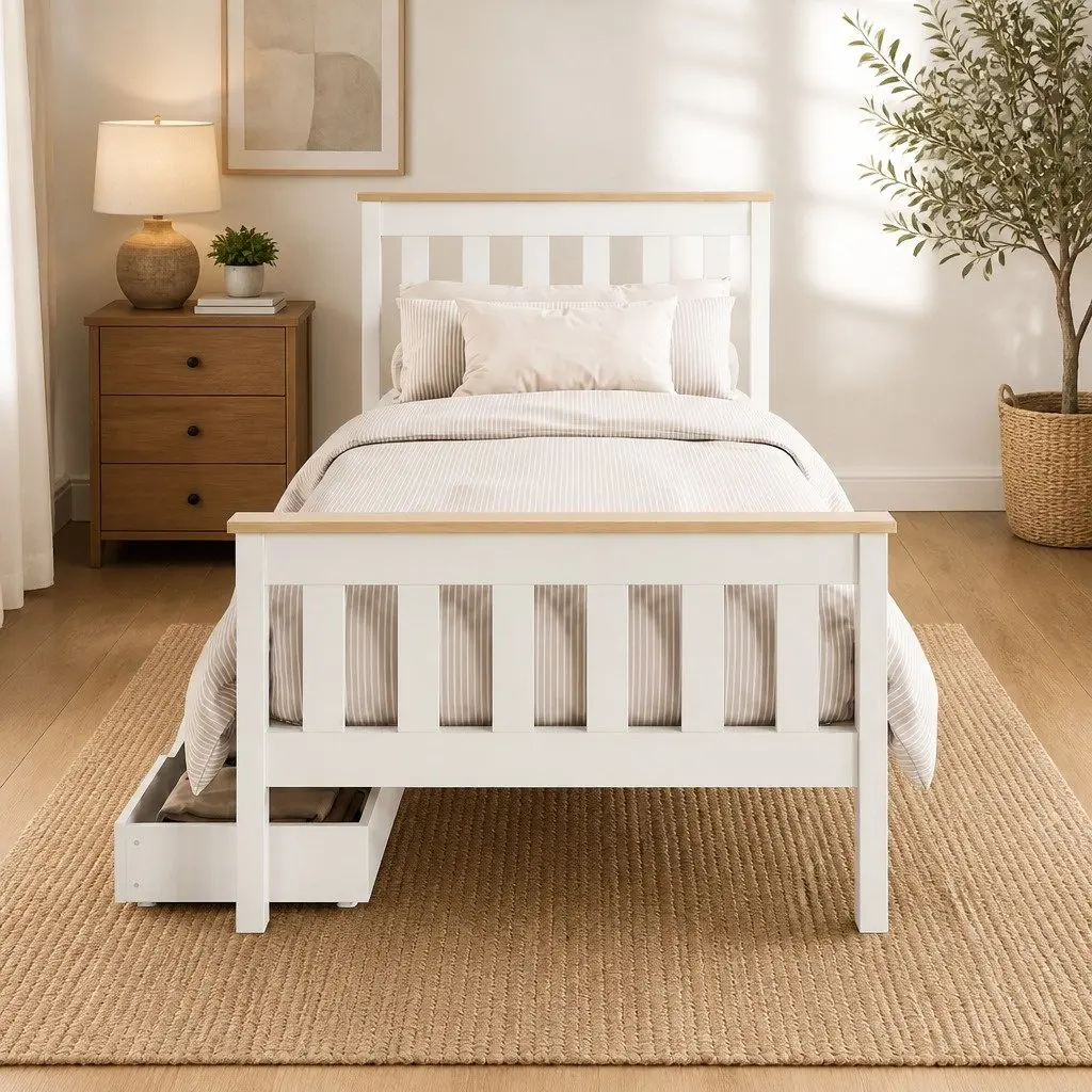 Single Bed Frame Wooden Platform with 2 Storage Drawers White Bedroom Furniture