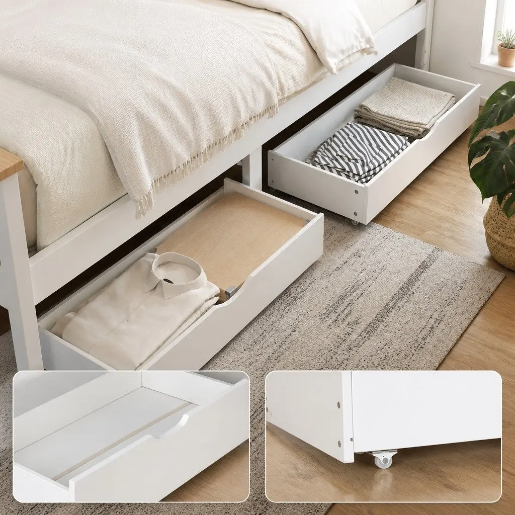 Single Bed Frame Wooden Platform with 2 Storage Drawers White Bedroom Furniture