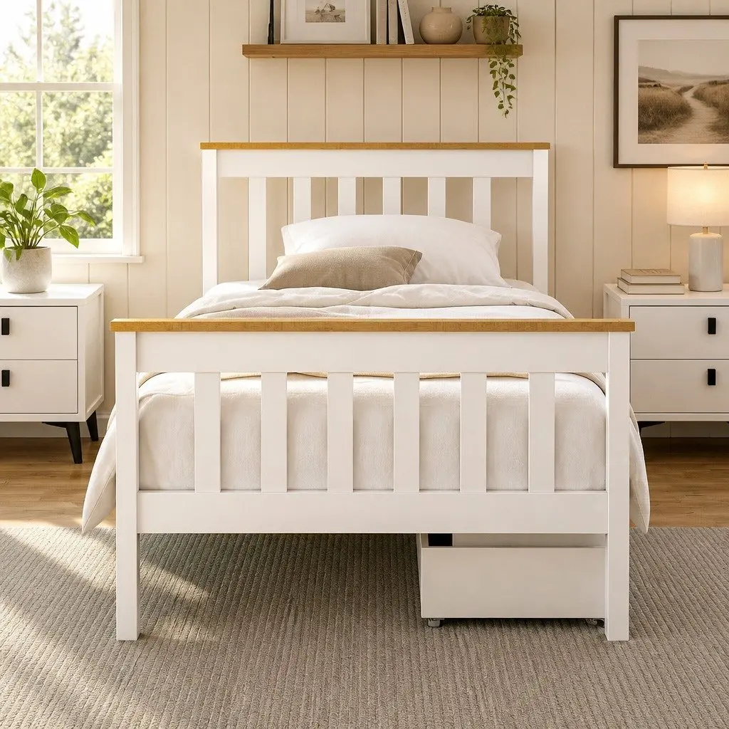 Single Bed Frame Wooden Platform with 2 Storage Drawers White Bedroom Furniture