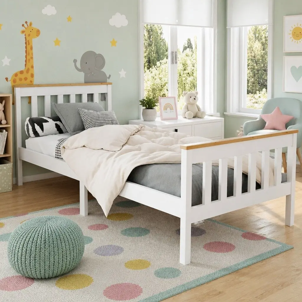 Single Wooden Bed Frame White Pine Wood Slat Support Bedroom Furniture