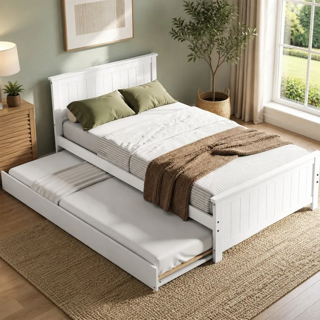 Single Bed Frame with Trundle in White
