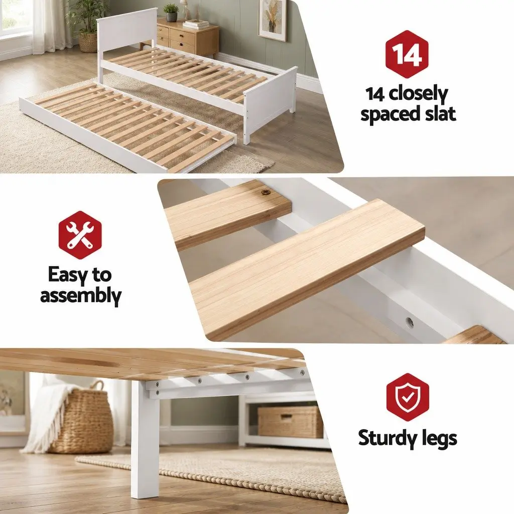 Single Bed Frame with Trundle in White