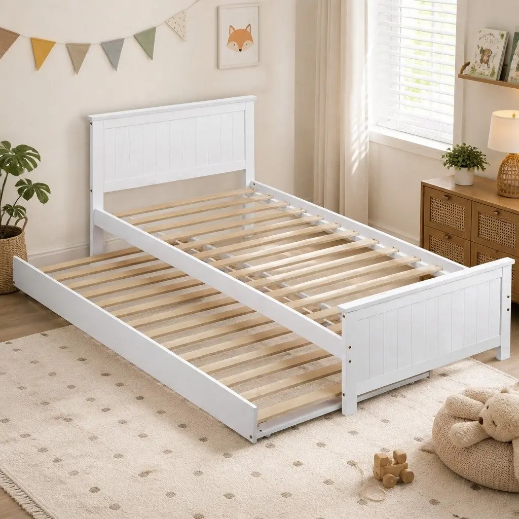 Single Bed Frame with Trundle in White