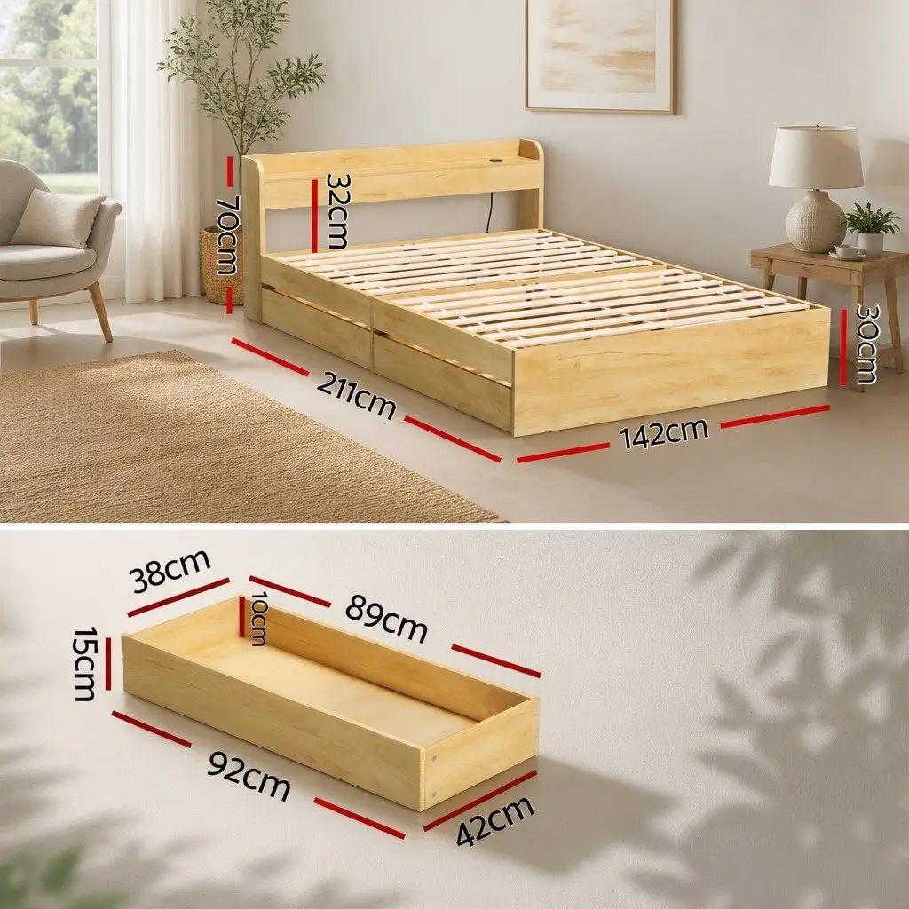 Double Bed Frame with USB Charging Ports and 2 Storage Drawers Pine Wood