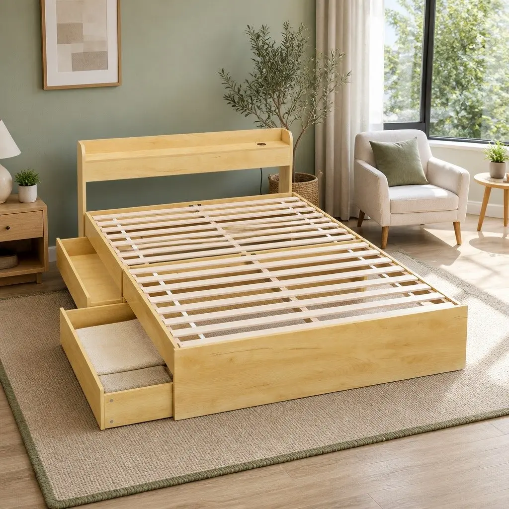 Double Bed Frame with USB Charging Ports and 2 Storage Drawers Pine Wood