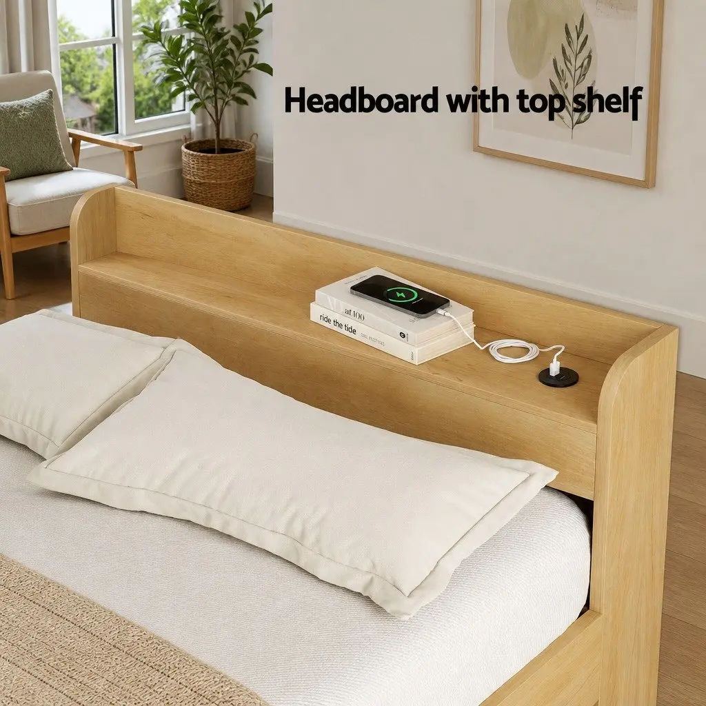 Double Bed Frame with USB Charging Ports and 2 Storage Drawers Pine Wood