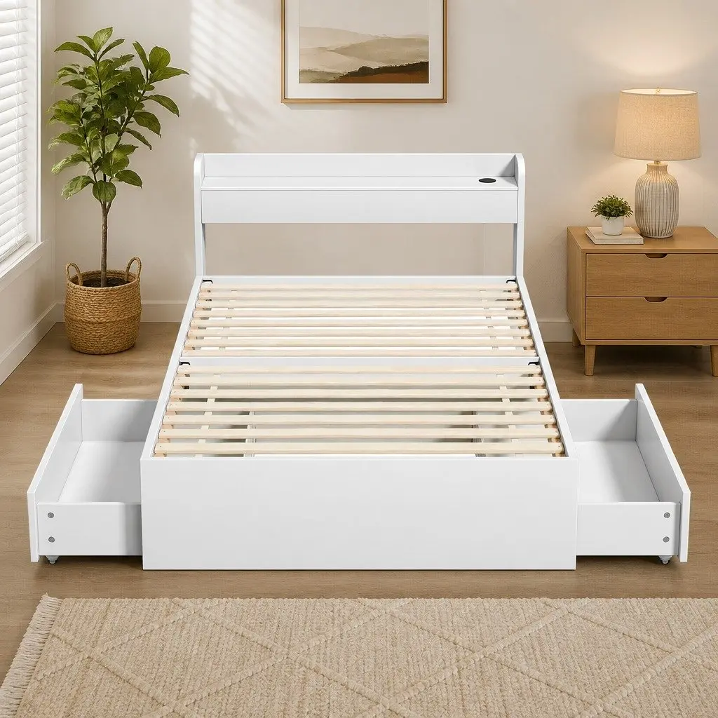 White King Single Bed Frame with USB Ports