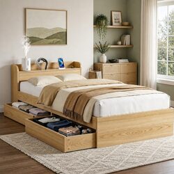 Single Bed Frame: 211 x 95 x 70cm with USB Ports and Drawers
