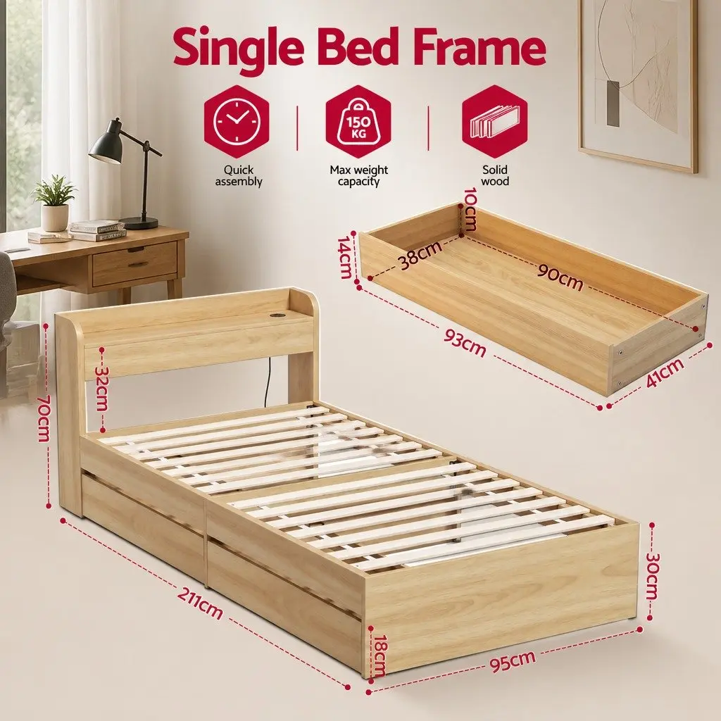 Single Bed Frame with 2 Storage Drawers USB Charging Ports Wooden Slat Platform
