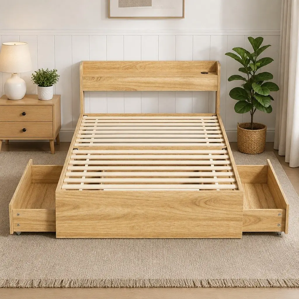 Single Bed Frame with 2 Storage Drawers USB Charging Ports Wooden Slat Platform