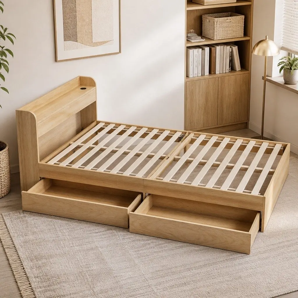 Single Bed Frame with 2 Storage Drawers USB Charging Ports Wooden Slat Platform