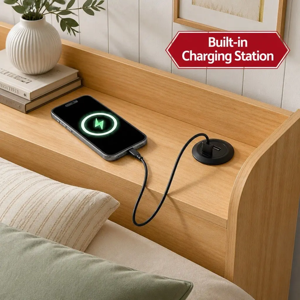 Single Bed Frame with 2 Storage Drawers USB Charging Ports Wooden Slat Platform