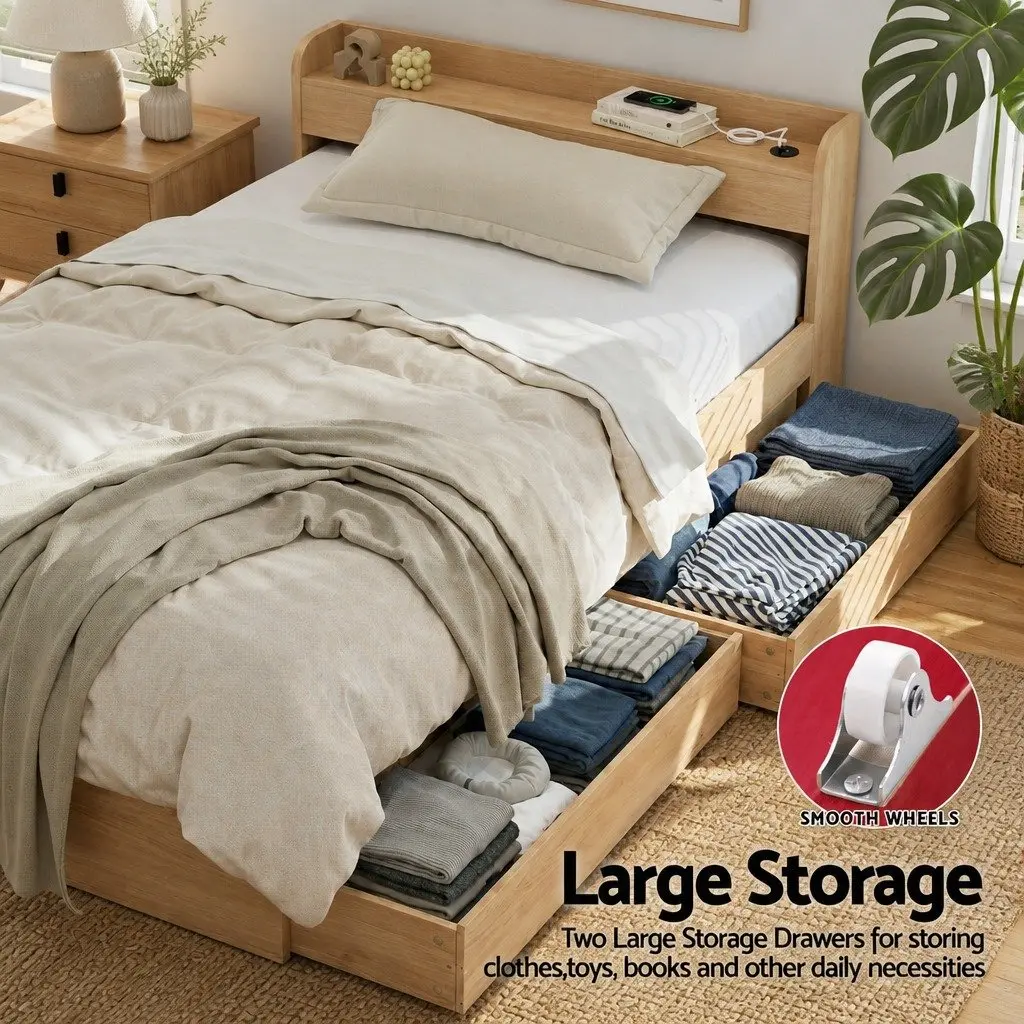 Single Bed Frame with 2 Storage Drawers USB Charging Ports Wooden Slat Platform