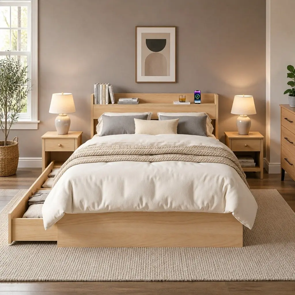 Single Bed Frame with 2 Storage Drawers USB Charging Ports Wooden Slat Platform