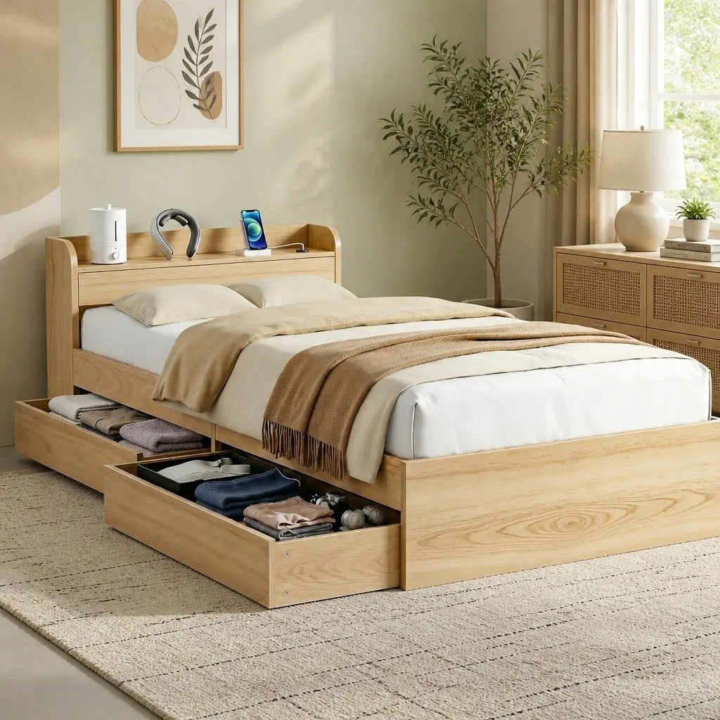 Single Bed Frame with 2 Storage Drawers USB Charging Ports Wooden Slat Platform