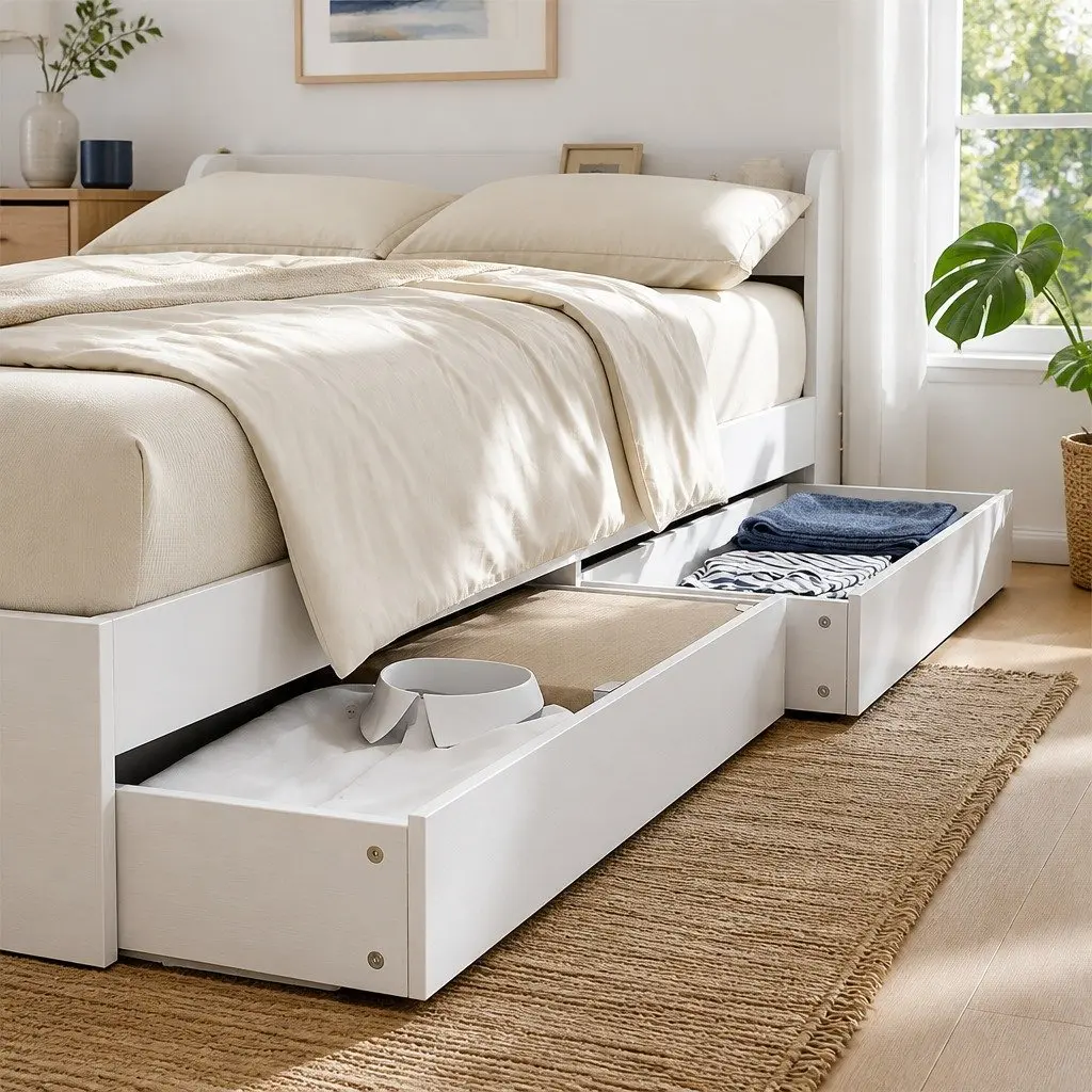 Single Bed Frame with USB Charging Ports Storage Drawers White Bedroom Furniture