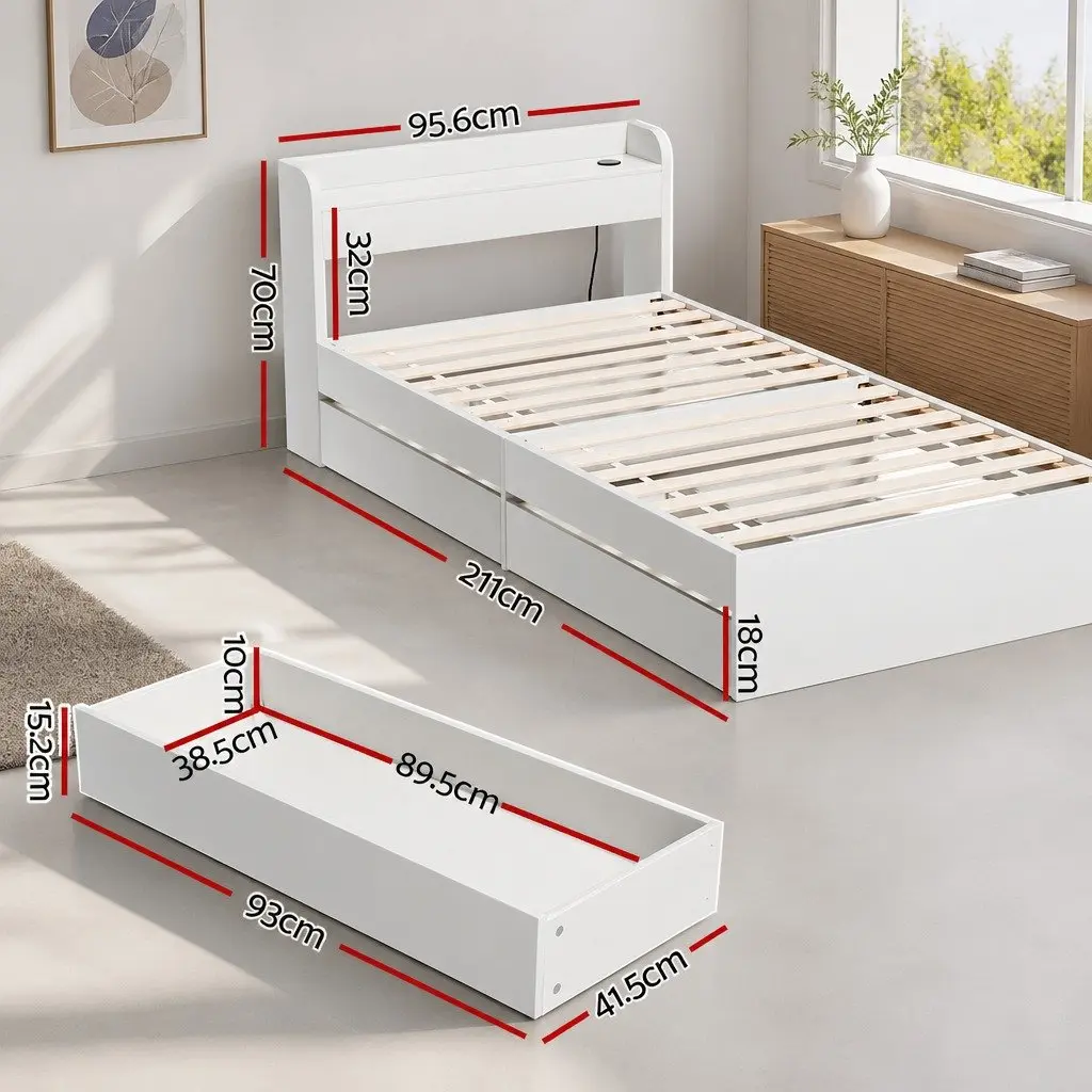Single Bed Frame with USB Charging Ports Storage Drawers White Bedroom Furniture