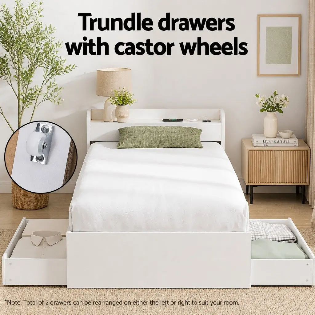 Single Bed Frame with USB Charging Ports Storage Drawers White Bedroom Furniture