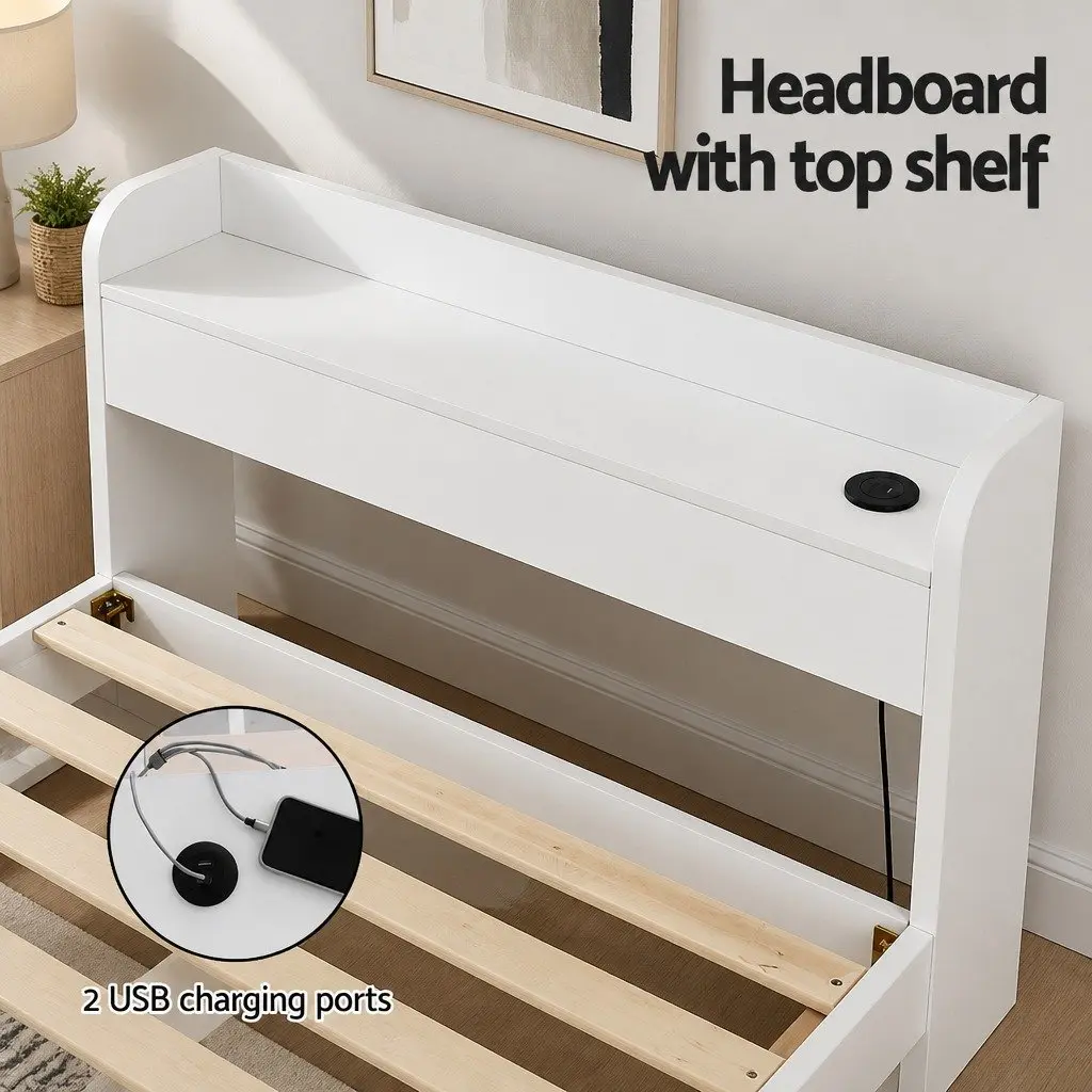 Single Bed Frame with USB Charging Ports Storage Drawers White Bedroom Furniture