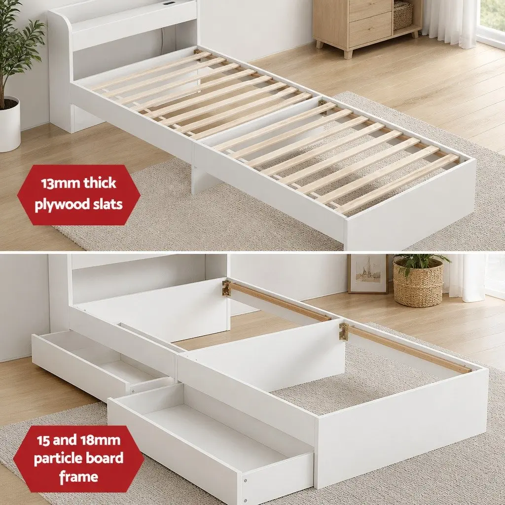 Single Bed Frame with USB Charging Ports Storage Drawers White Bedroom Furniture
