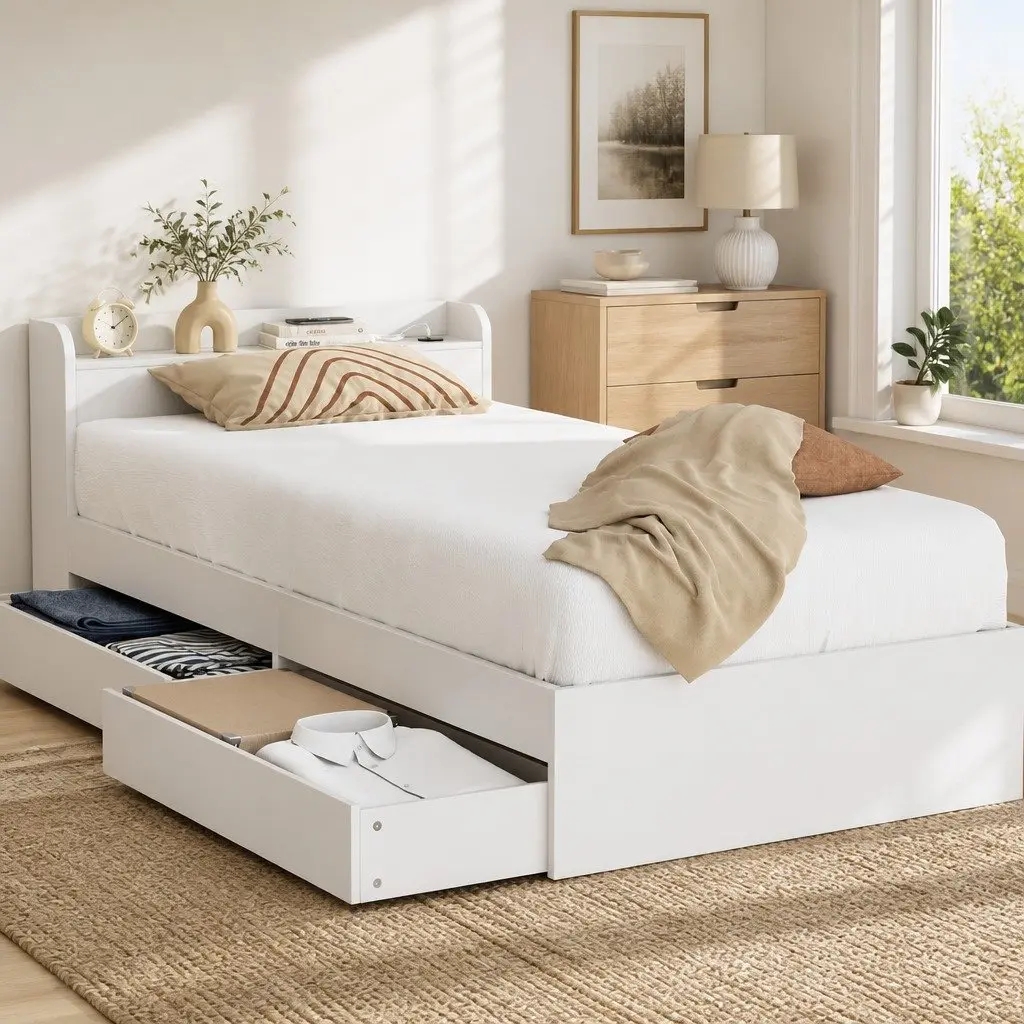 Single Bed Frame with USB Charging Ports Storage Drawers White Bedroom Furniture