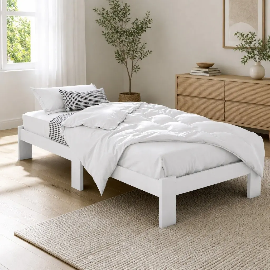 King Single Bed Frame White Wooden Pine Storage Underneath 210cm L x 115cm W x 30cm H