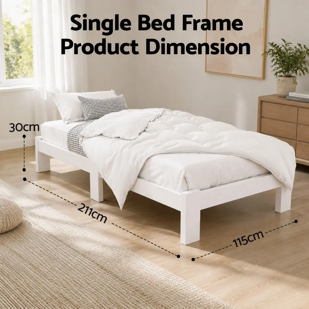 King Single Bed Frame White Wooden Pine Storage Underneath 210cm L x 115cm W x 30cm H