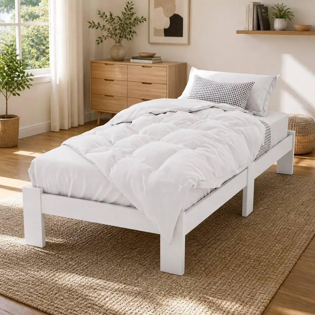 King Single Bed Frame White Wooden Pine Storage Underneath 210cm L x 115cm W x 30cm H