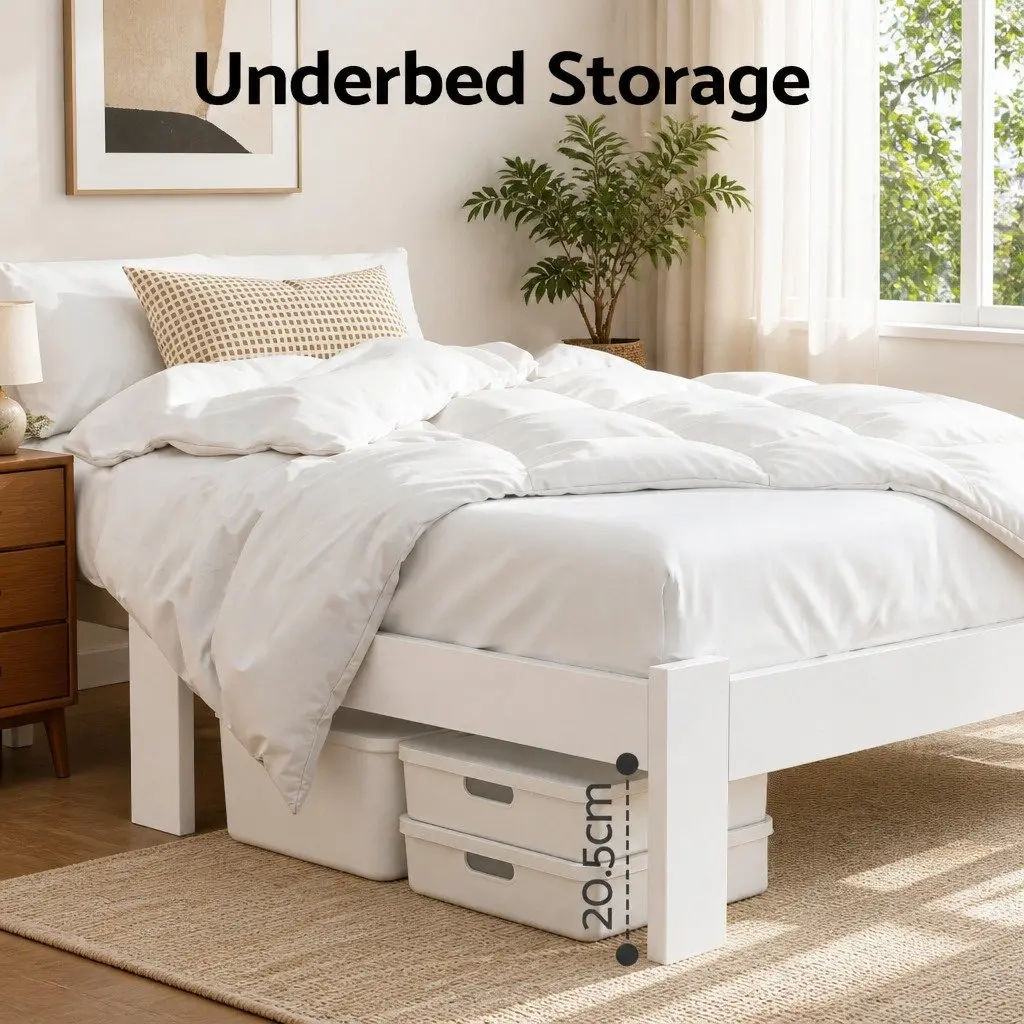 King Single Bed Frame White Wooden Pine Storage Underneath 210cm L x 115cm W x 30cm H