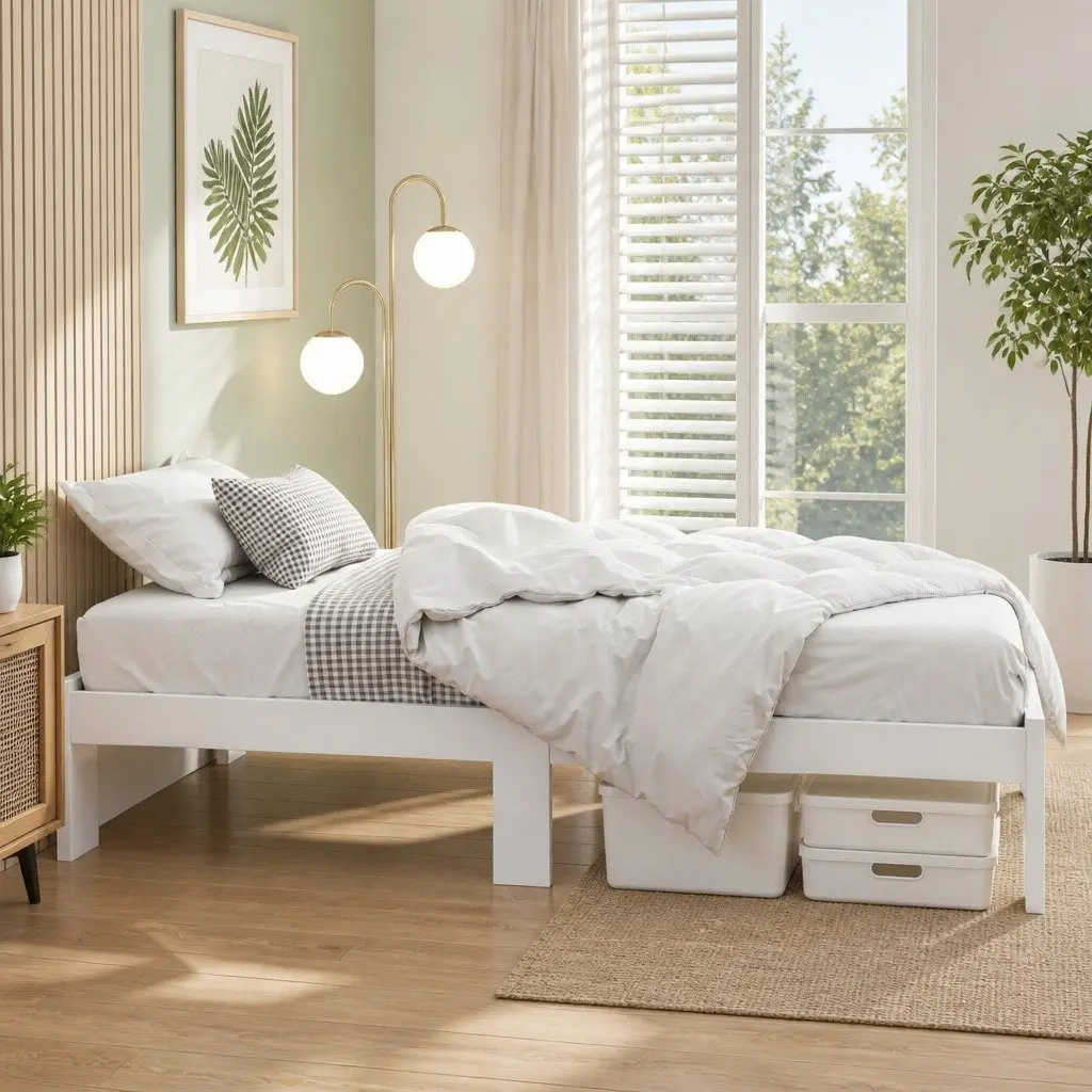 King Single Bed Frame White Wooden Pine Storage Underneath 210cm L x 115cm W x 30cm H
