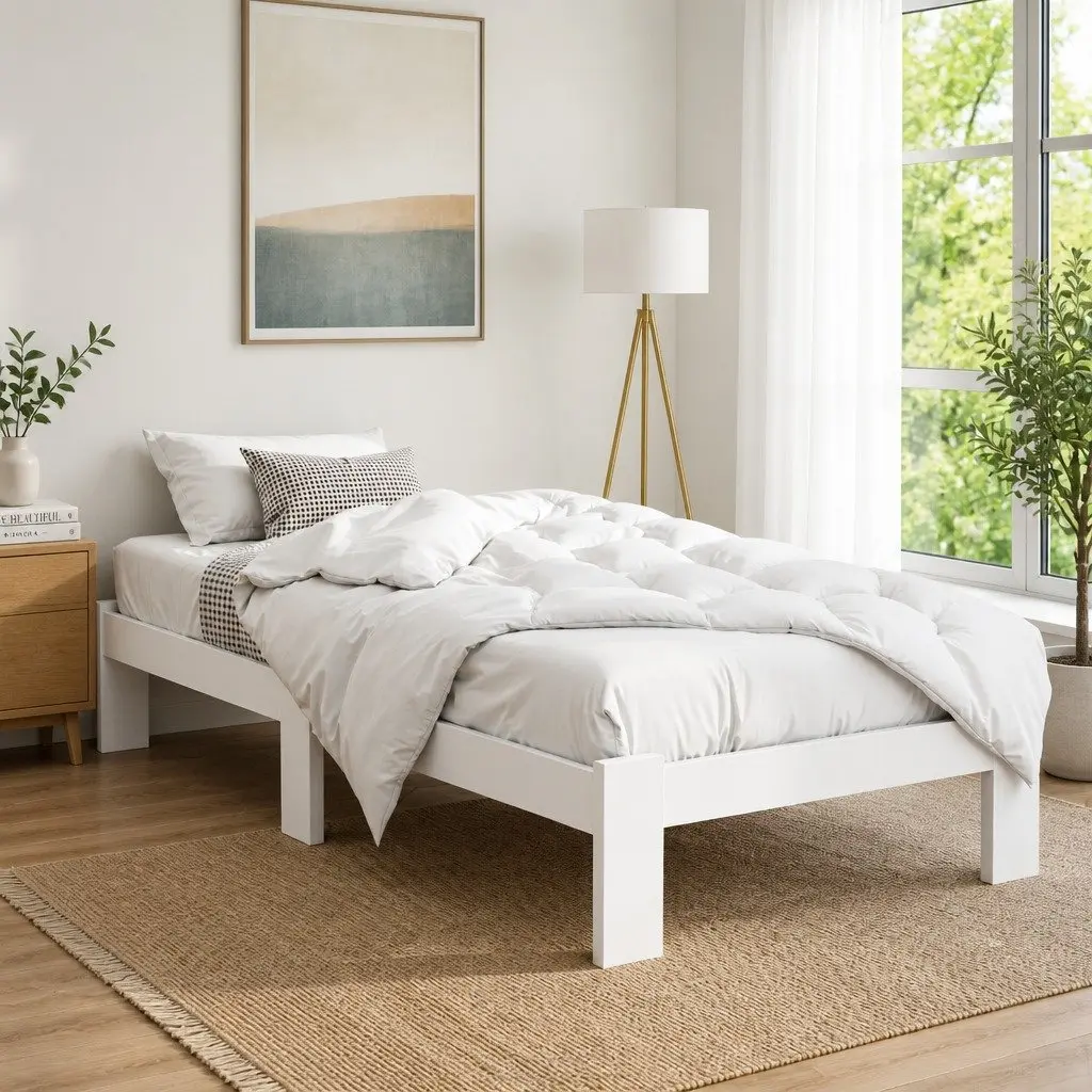 King Single Bed Frame White Wooden Pine Storage Underneath 210cm L x 115cm W x 30cm H