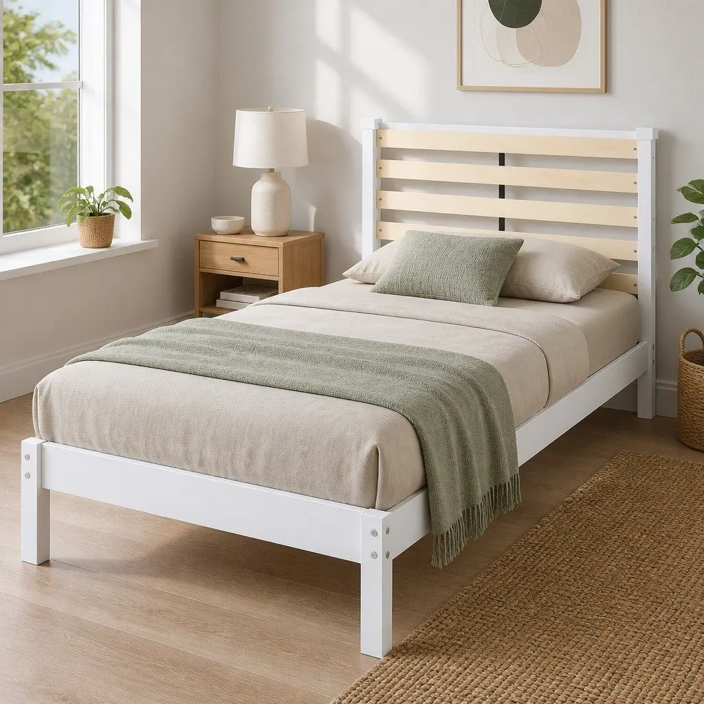 White Wooden Pine Single Bed Frame with