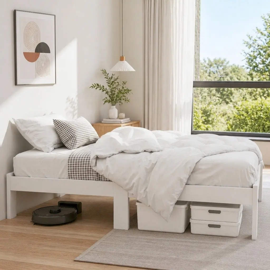 White Wooden Pine Single Bed Frame with
