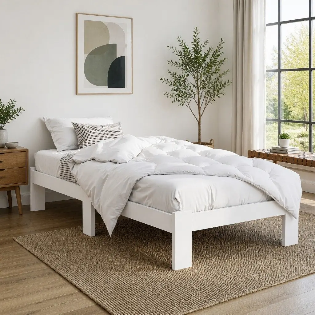 White Wooden Pine Single Bed Frame with
