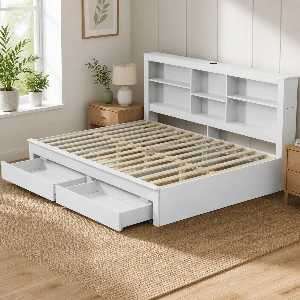 Double Platform Bed Frame White Storage Headboard Charging Station Under Bed