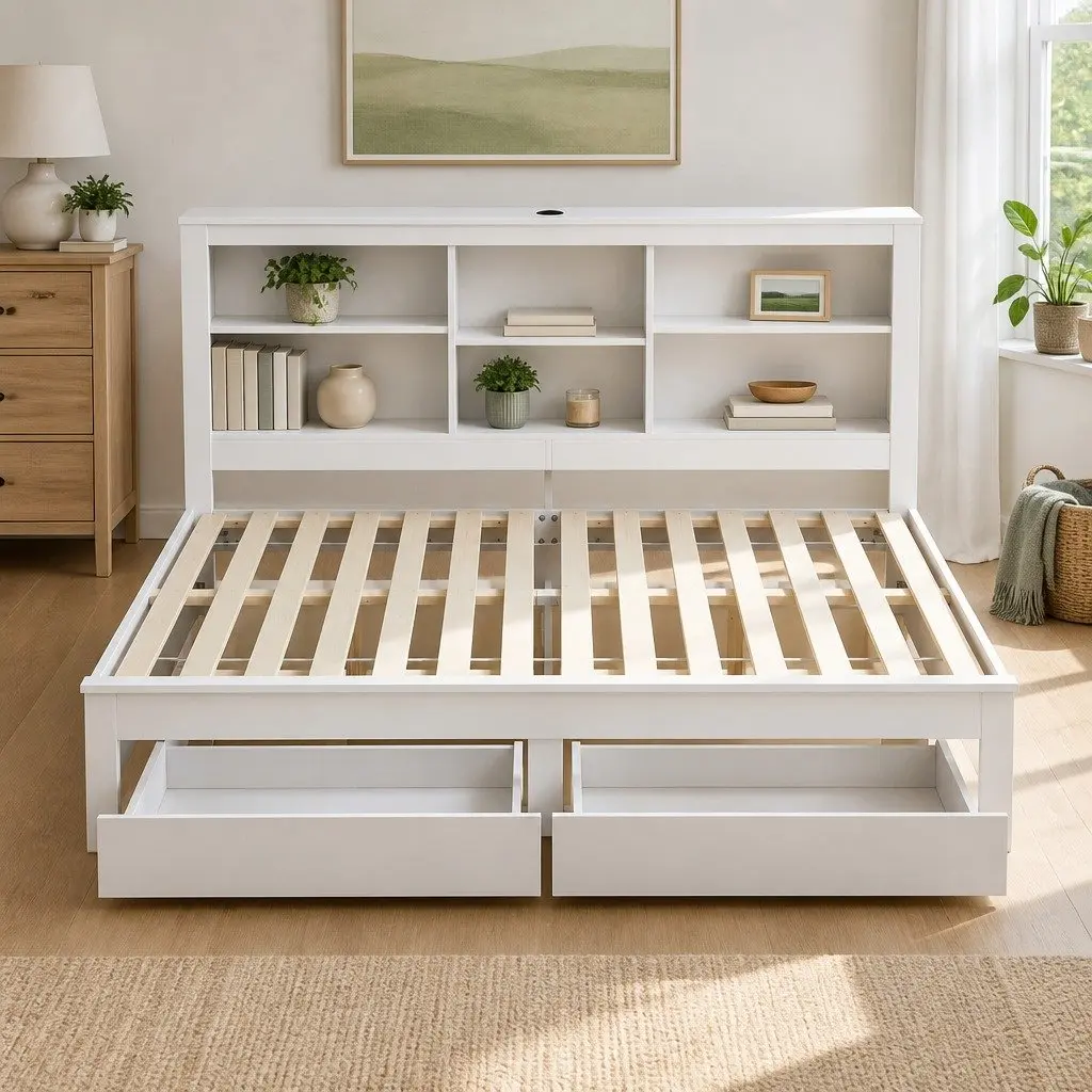 Double Platform Bed Frame White Storage Headboard Charging Station Under Bed