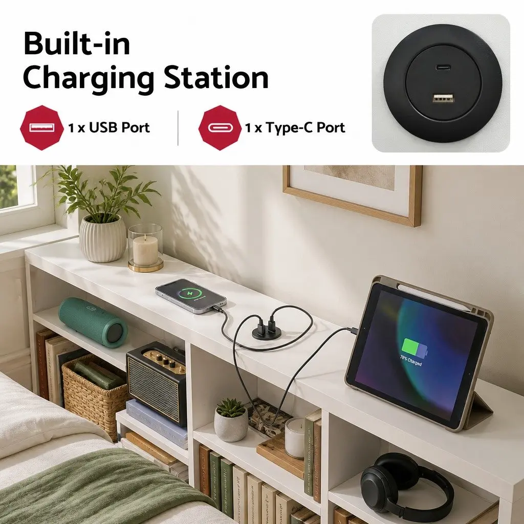 Double Platform Bed Frame White Storage Headboard Charging Station Under Bed