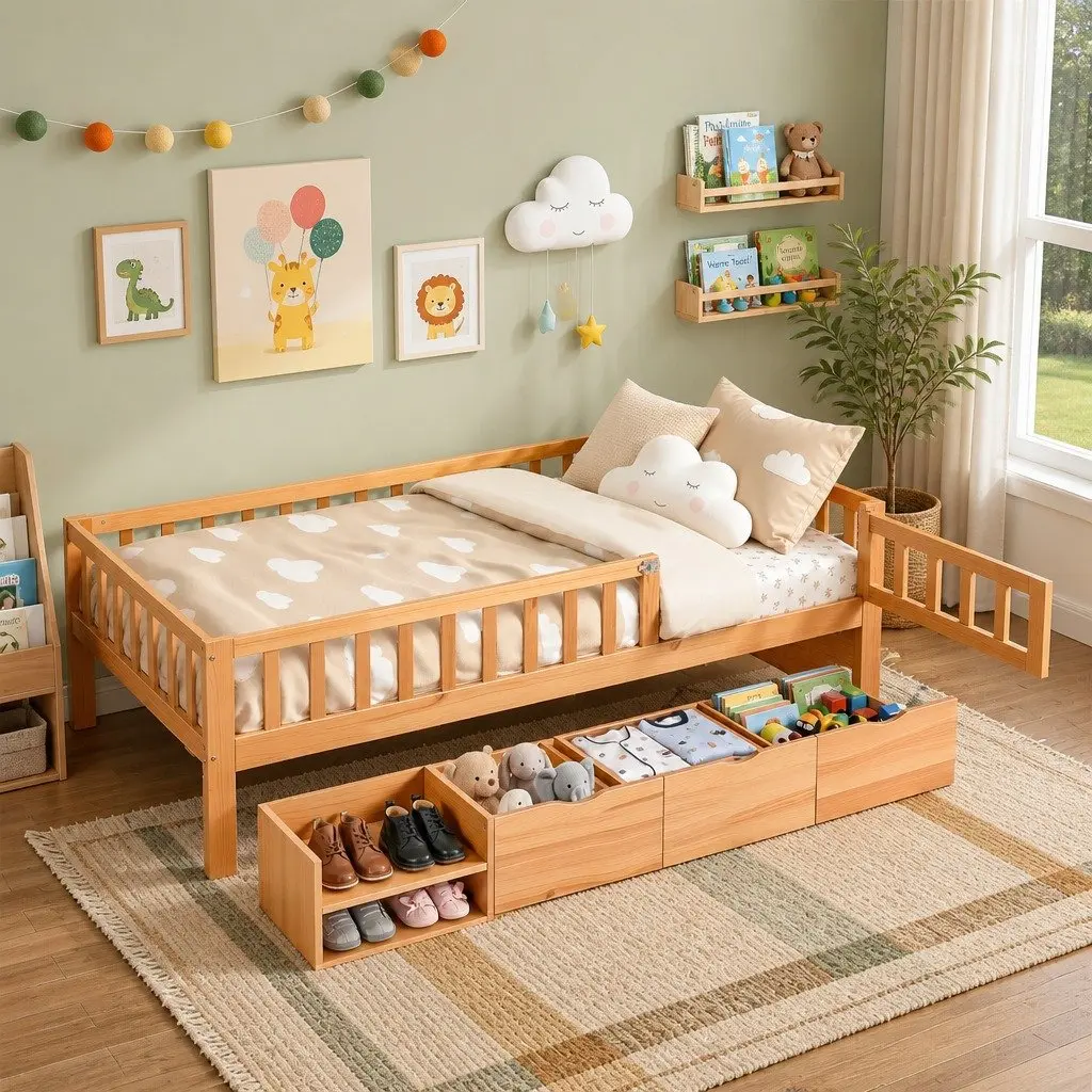 Kids Single Bed Frame with 3 Storage Drawers and Safety Rail Toddler Bedroom