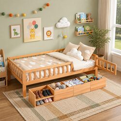 Single Bed Frame for Kids with Drawers and Safety Features