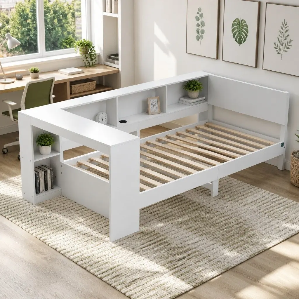 Single Corner Bed Frame with Built-in Desk Storage Shelves USB-C Charging for