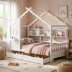 Kids Single Bed Frame: 195x99x170cm, White, Montessori Design