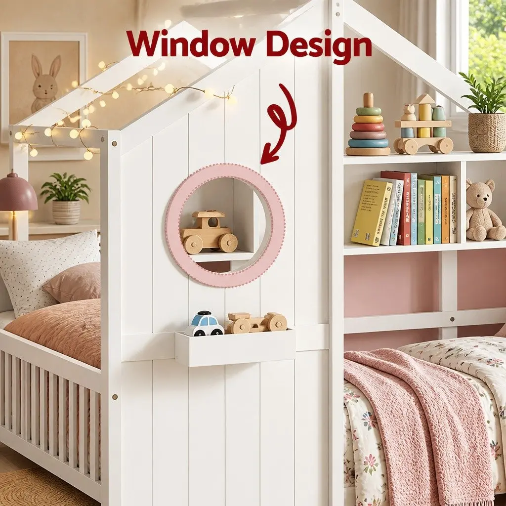 Kids Single Bed Frame House Design Storage Bookcase 2 Drawers White Montessori