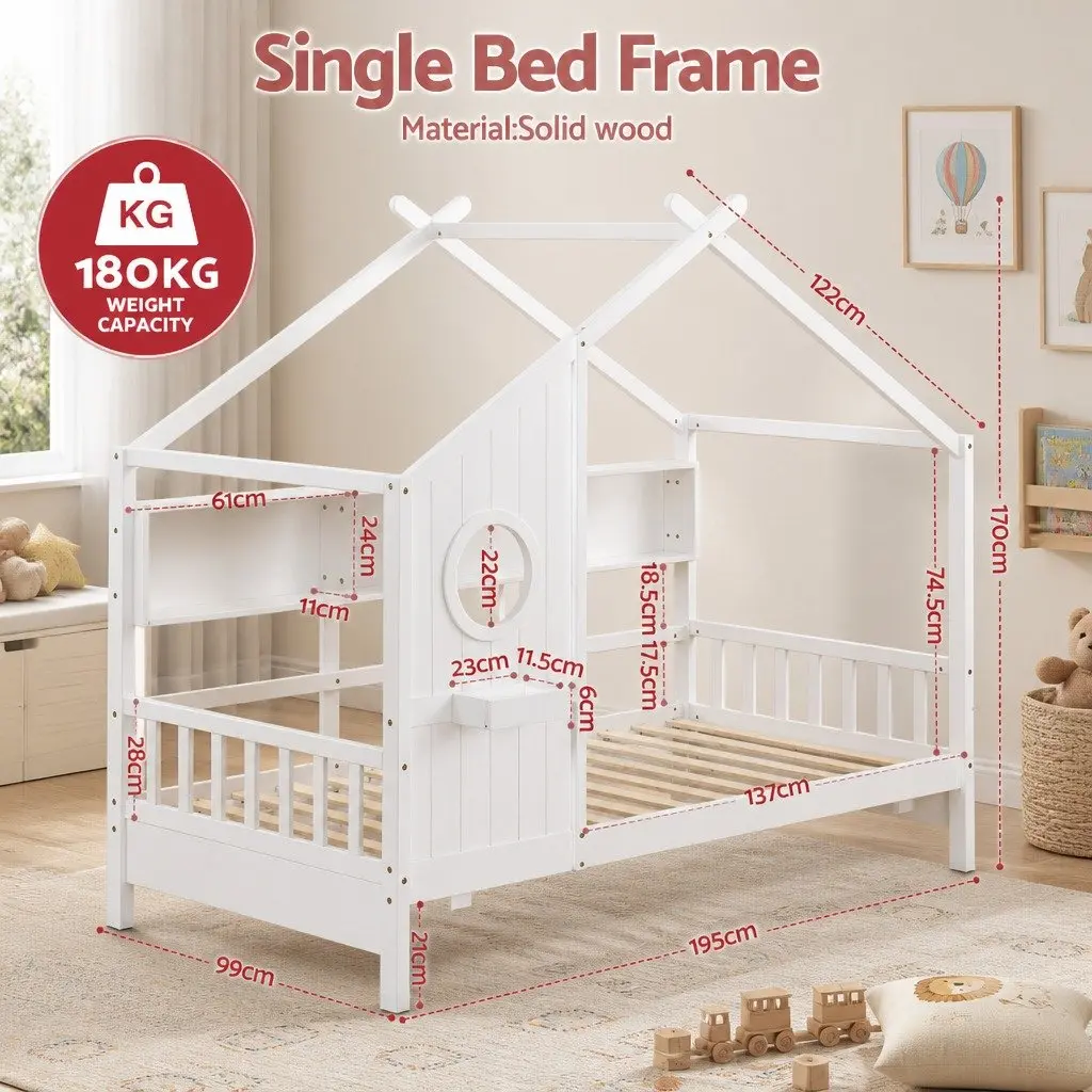 Kids Single House Bed Frame Low Floor Montessori Design White Bedroom Furniture