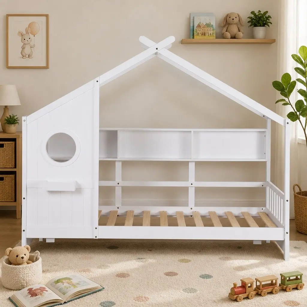 Kids Single House Bed Frame Low Floor Montessori Design White Bedroom Furniture