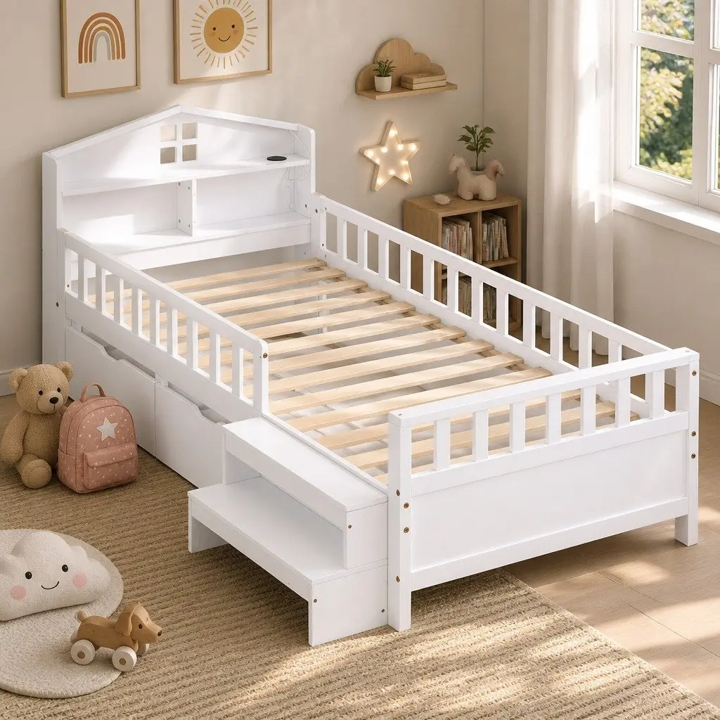 Single Bed Frame with Storage Drawers House Design LED Light USB Ports Safety